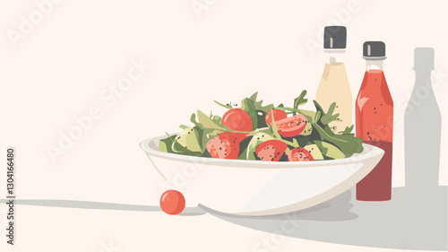 A digital illustration depicts a white oval bowl filled with a mixed green salad containing visible pieces of tomatoes and avocado.  Arugula or similar leafy greens are also present.  Two