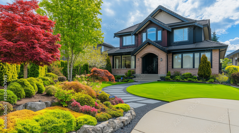 Obraz premium Luxurious modern home entrance blending elegance with nature, showcasing timeless architectural beauty.
