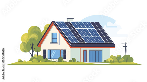 Illustration of a single-family suburban house with solar panels installed on the roof. The house is depicted in a cartoonish style with simple shapes and flat colors.  The house is white