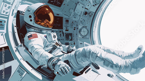 Digital illustration depicting an astronaut in a white space suit seated inside a spacecraft cabin. The astronaut's helmet is orange-tinted and displays a reflection.  The cabin features a