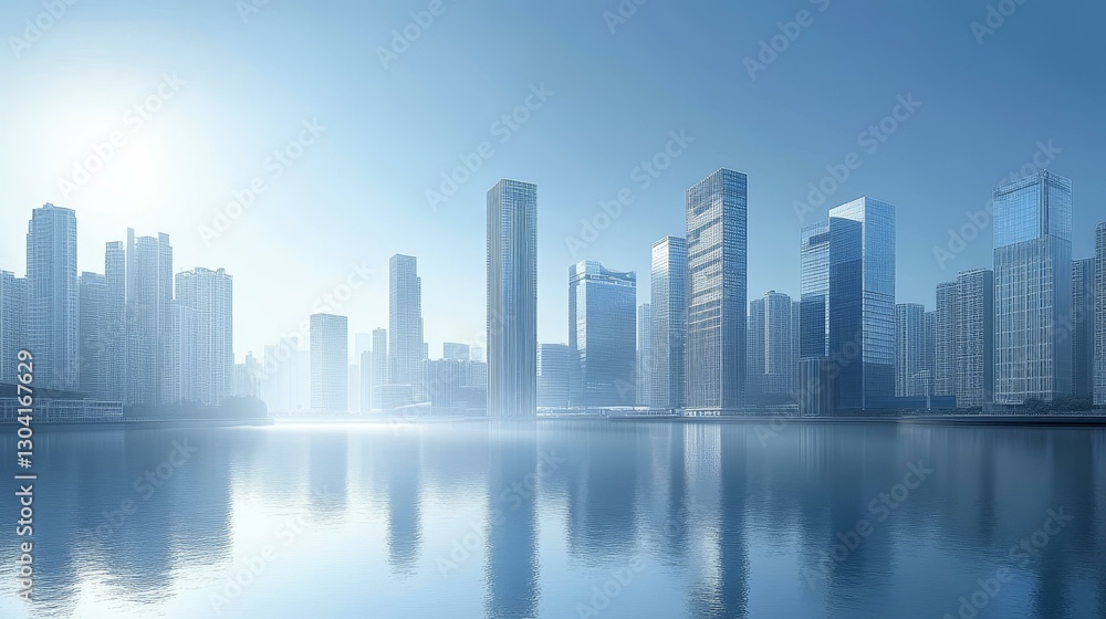 Obraz premium Modern City Skyline at Dawn with Reflection on Water