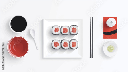 Overhead, flat lay studio shot of a sushi set against a white background. The set includes six pieces of maki sushi arranged on a square white plate, two small bowls containing soy sauce