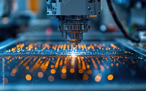Precise robotic arm applying adhesive to a circuit board.  Sparks fly, showcasing advanced manufacturing technology and precision engineering at its finest.