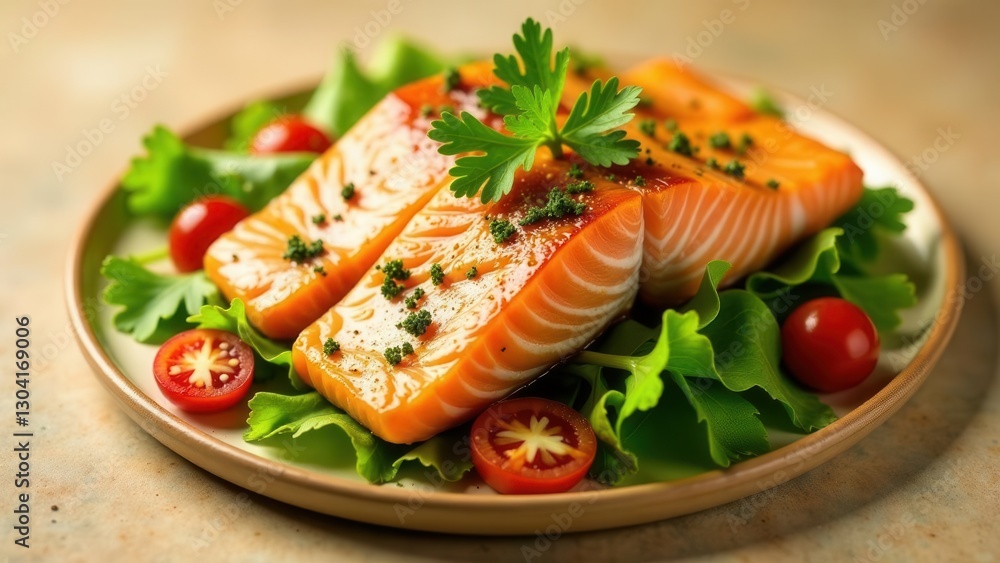 Savory Glazed Salmon Filets Served on a Bed of Fresh Greens and Cherry Tomatoes Savory Glazed Salmon Filets Served on a Bed of Fresh Greens and Cherry Tomatoes