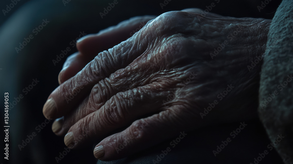Fototapeta premium A cinematic close-up of an elderly man's wrinkled hands resting gently on his lap, the texture of his skin telling a silent story of time and experience