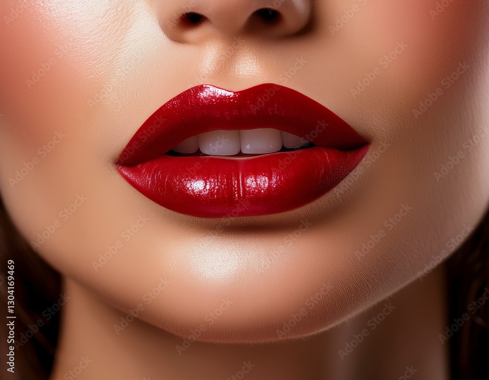 Female model showcasing bold red lipstick and flawless skin in close-up beauty shot during professional makeup session Female model showcasing bold red lipstick and flawless skin in close-up beauty shot during professional makeup session