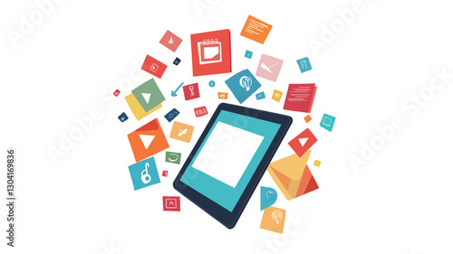 The image depicts a stylized teal tablet computer positioned centrally. Surrounding the tablet are numerous brightly colored square icons, suggestive of various applications or software