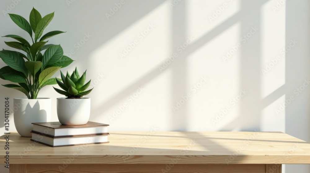 Serene Minimalist Workspace Featuring Two Potted Plants and Stacked Books on a Light Wooden Table Illuminated by Soft Sunlight Serene Minimalist Workspace Featuring Two Potted Plants and Stacked Books on a Light Wooden Table Illuminated by Soft Sunlight