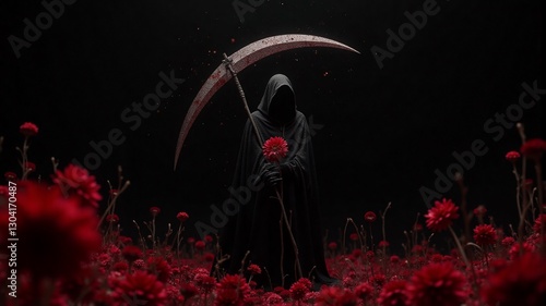 Reaper in Red Flowers