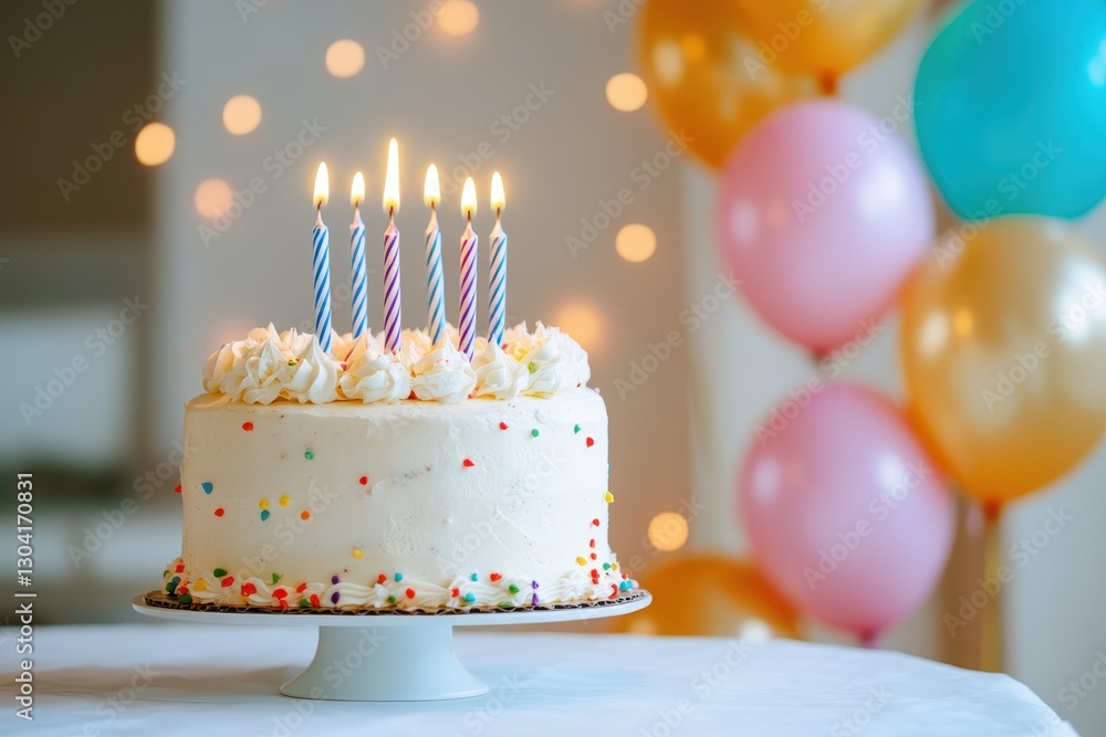 A fun birthday party scene with a cake and balloons ready for celebration, birthday concept A fun birthday party scene with a cake and balloons ready for celebration, birthday concept