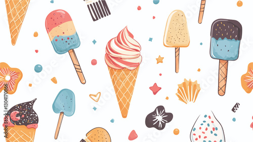 A repeating pattern featuring various illustrations of ice cream and popsicles in bright, pastel colors.  The style is cartoonish and whimsical with hand-drawn elements. The background is