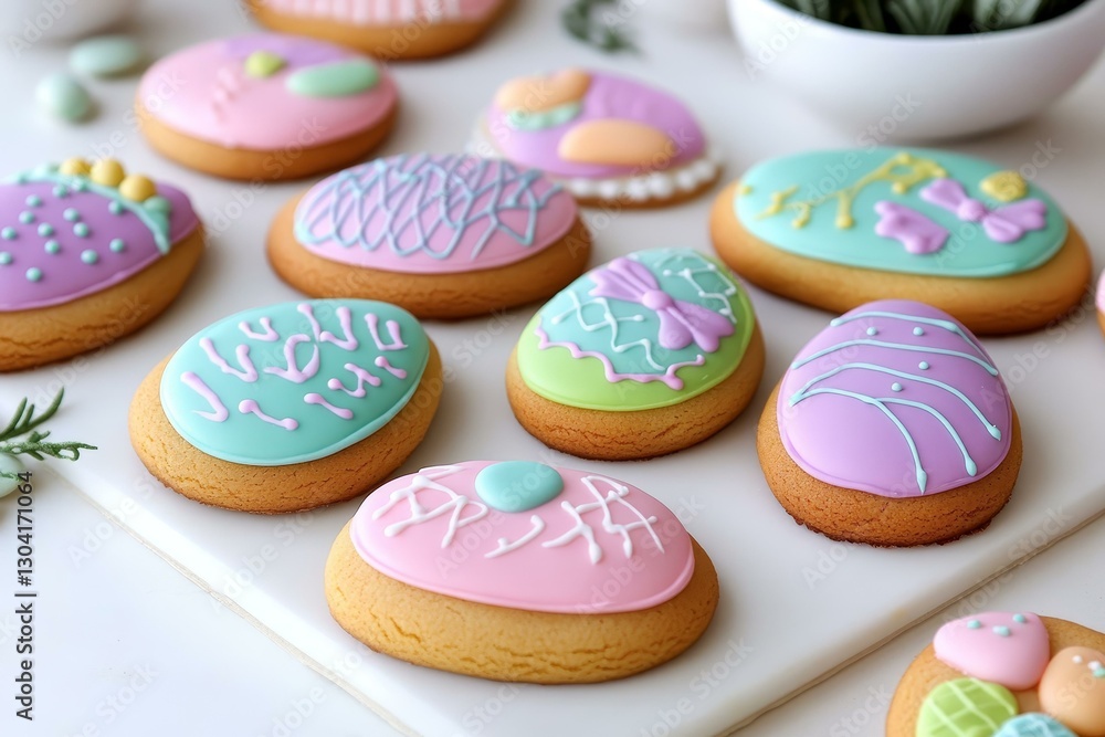 Fototapeta premium Colorful Easter Egg Shaped Cookies Decorated with Icing
