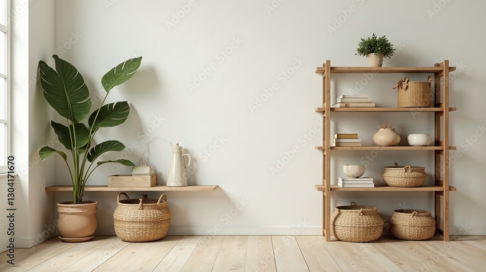 Fototapeta premium Serene Minimalist Living Room Interior Design with Wooden Shelving and Woven Baskets