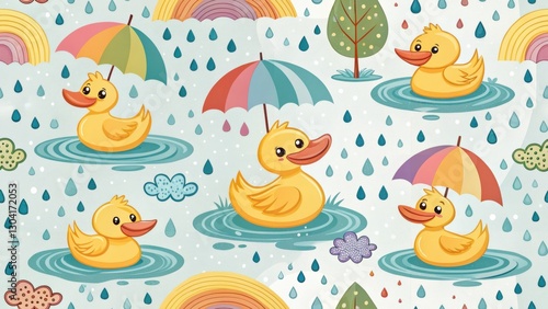 Cute Pet Illustrations in Digital Art Style Concept. Colorful pattern of cute rubber ducks with umbrellas in water, rain, and rainbows. Seamless Pattern.