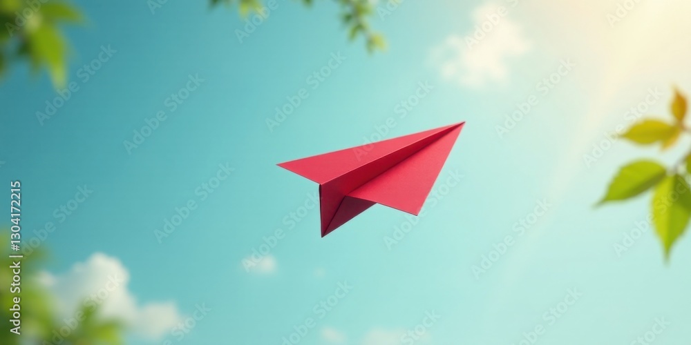 A crimson paper airplane soars amidst a tranquil blue sky, gently framed by blurred green foliage, symbolizing dreams taking flight on a sunny day. A crimson paper airplane soars amidst a tranquil blue sky, gently framed by blurred green foliage, symbolizing dreams taking flight on a sunny day.