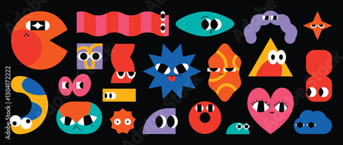 Set of colorful funny shape element vector. Collection of cartoon characters, cute doodle dawn, geometric, organic shape with fun eye. Design for decorative, sticker, toys and kids.