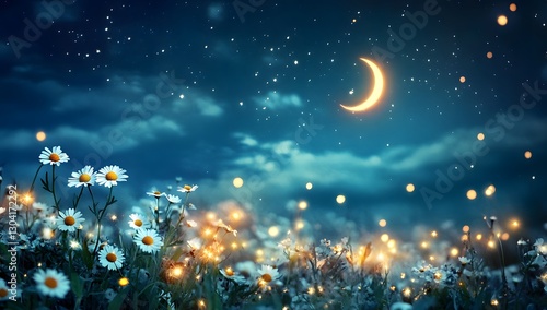 Magical night flowers under a crescent moon
