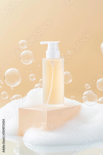 Minimalist Transparent Pump Bottle with Foamy Bubbles in a Clean Aesthetic Setting