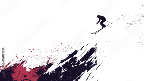 The image is a stylized vector illustration of a skier in motion. The skier is depicted as a dark silhouette against a white background.  The background features abstract splashes of red