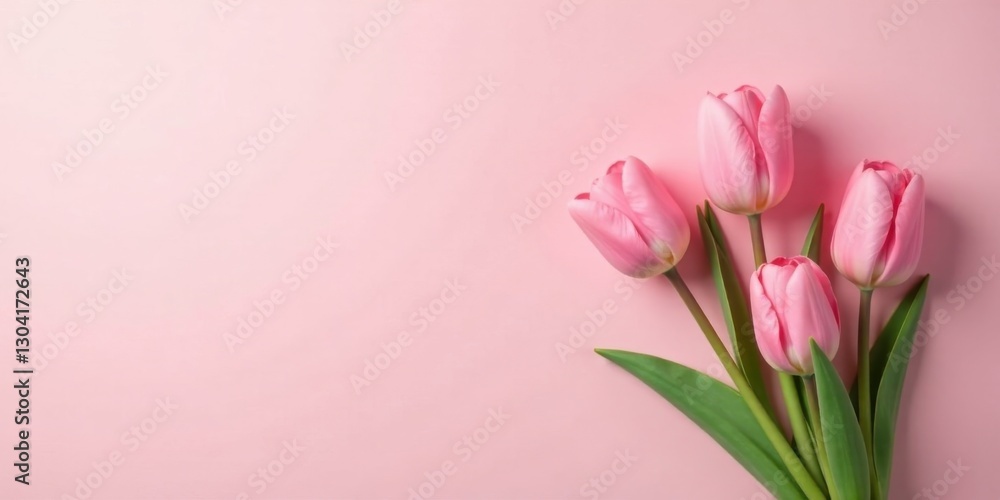 A Delicate Bouquet of Pink Tulips on a Soft Pink Background, Ideal for Springtime Greetings or Celebratory Occasions A Delicate Bouquet of Pink Tulips on a Soft Pink Background, Ideal for Springtime Greetings or Celebratory Occasions