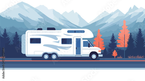 Illustration of a white motorhome traveling on a road. The motorhome is depicted in profile view, showing its side and rear. The background features a stylized landscape with snow-capped