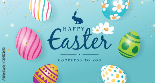 Easter poster and banner template with easter egg on light blue background. Greetings and presents for Easter Day in flat lay styling. Promotion and shopping template for Easter