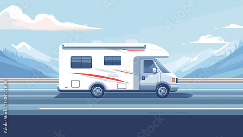 A stylized illustration of a white motorhome driving on a flat road. The motorhome is depicted in profile view, facing right. The background features a stylized landscape with blue sky,