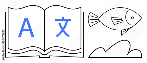 Open book showing language symbols, fish, and abstract shapes. Ideal for translation services, multilingual learning, cultural exchange, education, communication, creativity flat simple metaphor