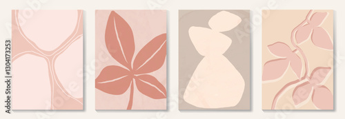 Set of abstract foliage poster vector. Leaves, flower, organic shapes, earth tone colors, leaf branch. Illustration design for Eco packaging, interior, cover, wall art, wallpaper.