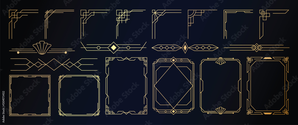 Naklejka premium Collection of geometric art deco ornament. Luxury golden decorative elements with different lines, frames, headers, dividers and borders. Set of elegant design suitable for card, invitation, poster.