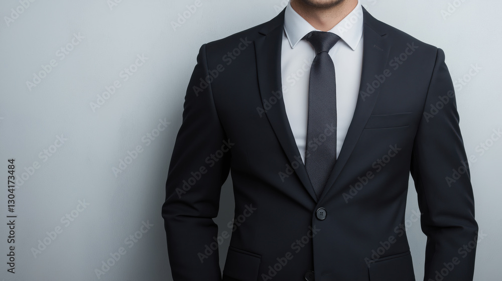 Man in black suit with gray tie against gray background with copy space. Corporate portrait and professional business attire Man in black suit with gray tie against gray background with copy space. Corporate portrait and professional business attire