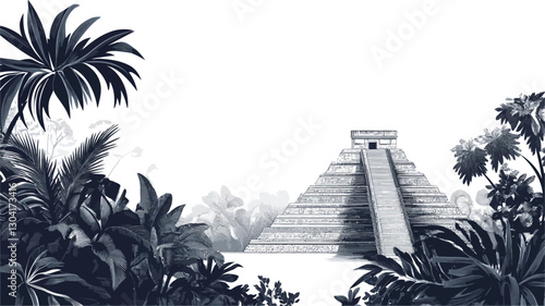 The image depicts a grayscale illustration of a Mayan pyramid situated within a dense jungle environment.  The pyramid is centrally located, rendered in varying shades of blue-gray, showing