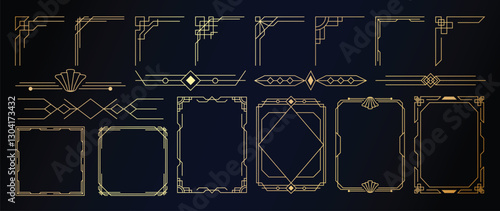 Collection of geometric art deco ornament. Luxury golden decorative elements with different lines, frames, headers, dividers and borders. Set of elegant design suitable for card, invitation, poster.