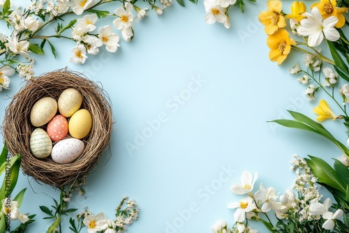Easter Eggs in a Nest with Spring Flowers