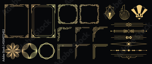 Collection of geometric art deco ornament. Luxury golden decorative elements with different lines, frames, headers, dividers and borders. Set of elegant design suitable for card, invitation, poster.