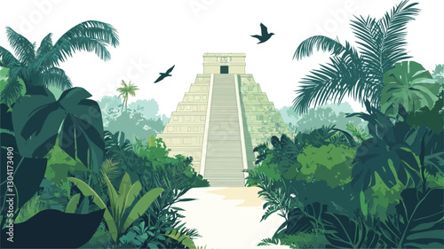 Digital illustration depicting a Mayan pyramid situated within a dense, vibrant green jungle.  The pyramid is light beige/off-white in color, with a visible staircase leading to the top.