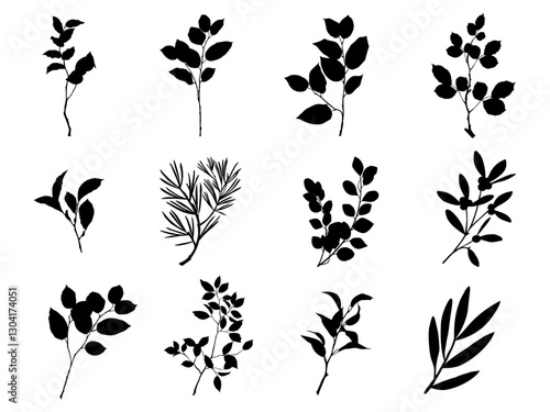 Vector design elements collection of plant green forest, green art leaves natural herb in silhouette beauty decoration elegant illustration for design.