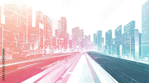 The image is an abstract illustration depicting a cityscape with a divided highway running through it. The buildings are stylized and lack intricate detail, appearing as outlines filled