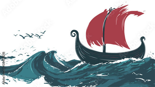 Illustration of a Viking longship with a red sail navigating turbulent teal-colored waves.  The style is painterly with visible brushstrokes.  Several small birds are depicted flying above