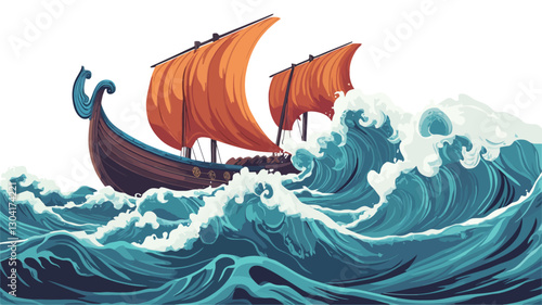 A stylized illustration depicting an ancient sailing vessel with orange sails navigating through turbulent blue-green waves. The ship is dark-colored with a curved hull and decorative