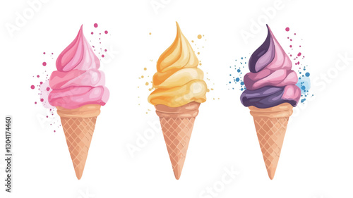 Digital illustration depicting three soft-serve ice cream cones against a white background. Each cone features a different color of ice cream: pink, yellow, and a swirl of purple and dark