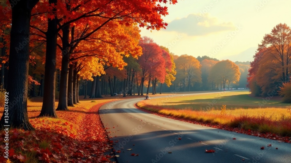 Serene Autumnal Drive Through a Canopy of Vibrant Fall Foliage on a Sunlit Road Serene Autumnal Drive Through a Canopy of Vibrant Fall Foliage on a Sunlit Road