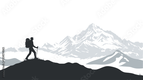 The image is a minimalist illustration featuring a black silhouette of a hiker with a backpack and trekking poles standing on a hilltop. The background depicts a grayscale range of