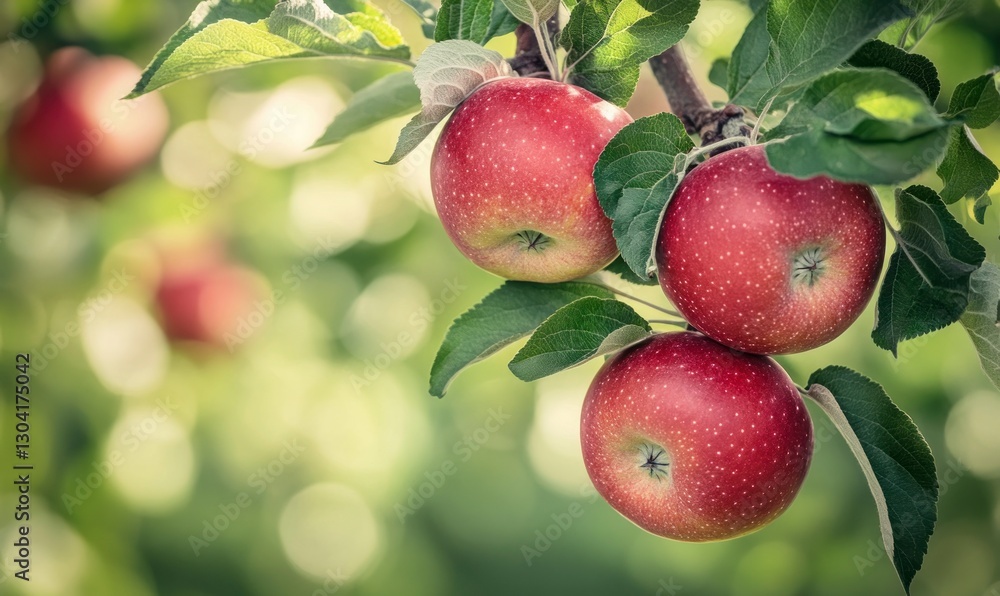 Red apples on a tree branch in an orchard, close-up, with a green background. Summer nature, a healthy food concept Red apples on a tree branch in an orchard, close-up, with a green background. Summer nature, a healthy food concept