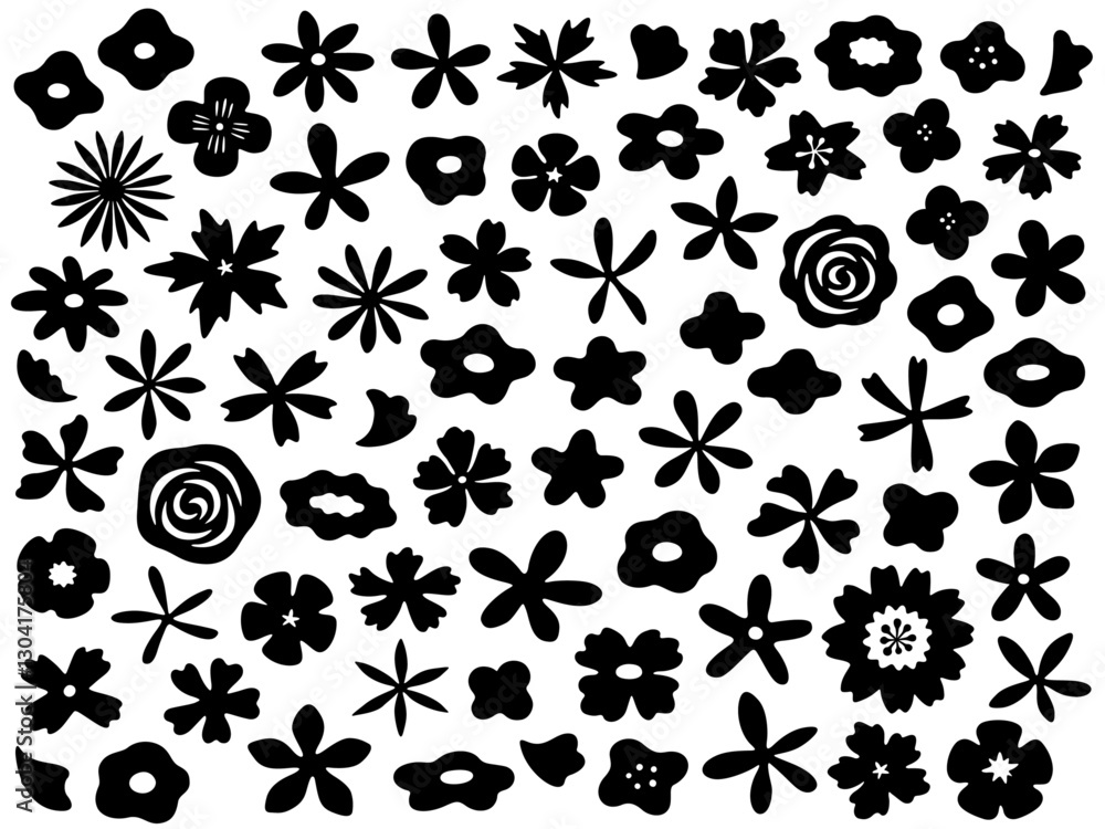 Fototapeta premium 手描き風の色々な花のシルエットイラストセット