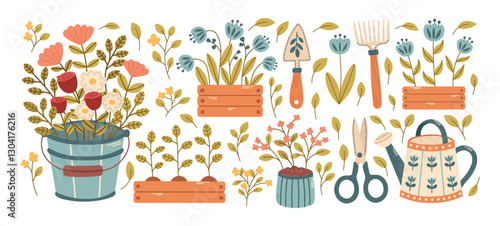 Vintage cottagecore set with garden tools, watering can, trowel, rake, flower beds, leaves, branches, flowers. Botanical gardening cottagecore elements. Vector illustration.