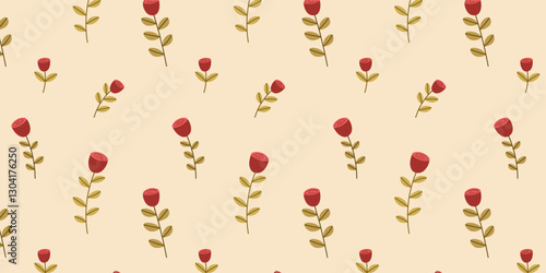 Spring seamless pattern with red flowers, roses. Botanical summer vintage cottagecore pattern. Vector background with plants for scrapbooking, textiles.