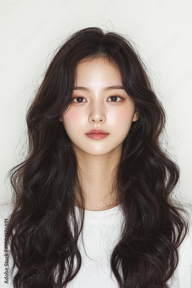 Elegant Young Woman with Voluminous Wavy Hair and a Confident Expression Elegant Young Woman with Voluminous Wavy Hair and a Confident Expression