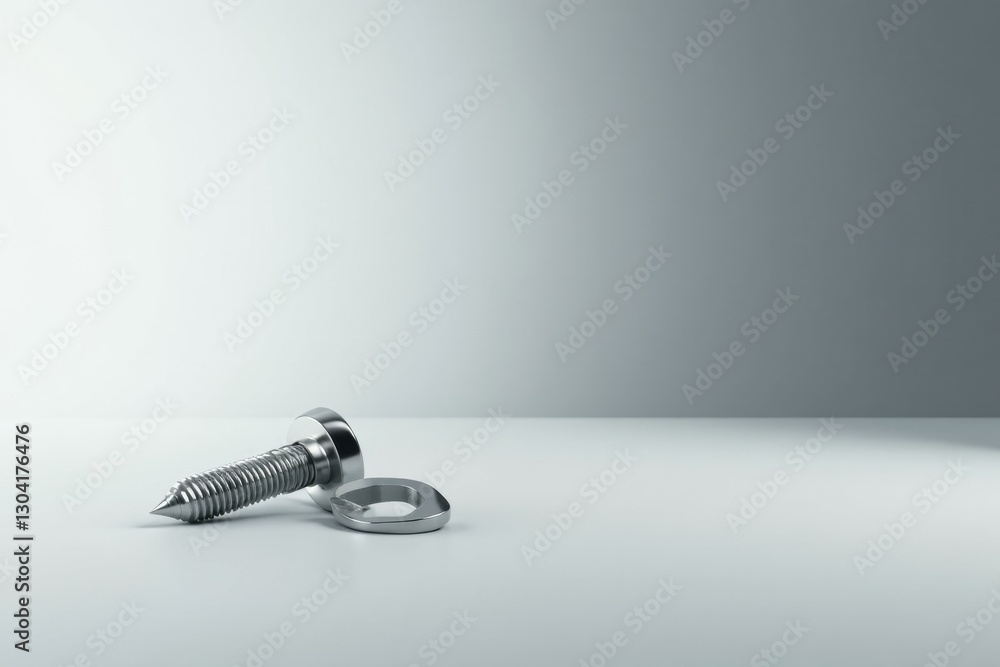 Close-up of a metallic screw and washer resting on a minimalist surface against a muted backdrop Close-up of a metallic screw and washer resting on a minimalist surface against a muted backdrop