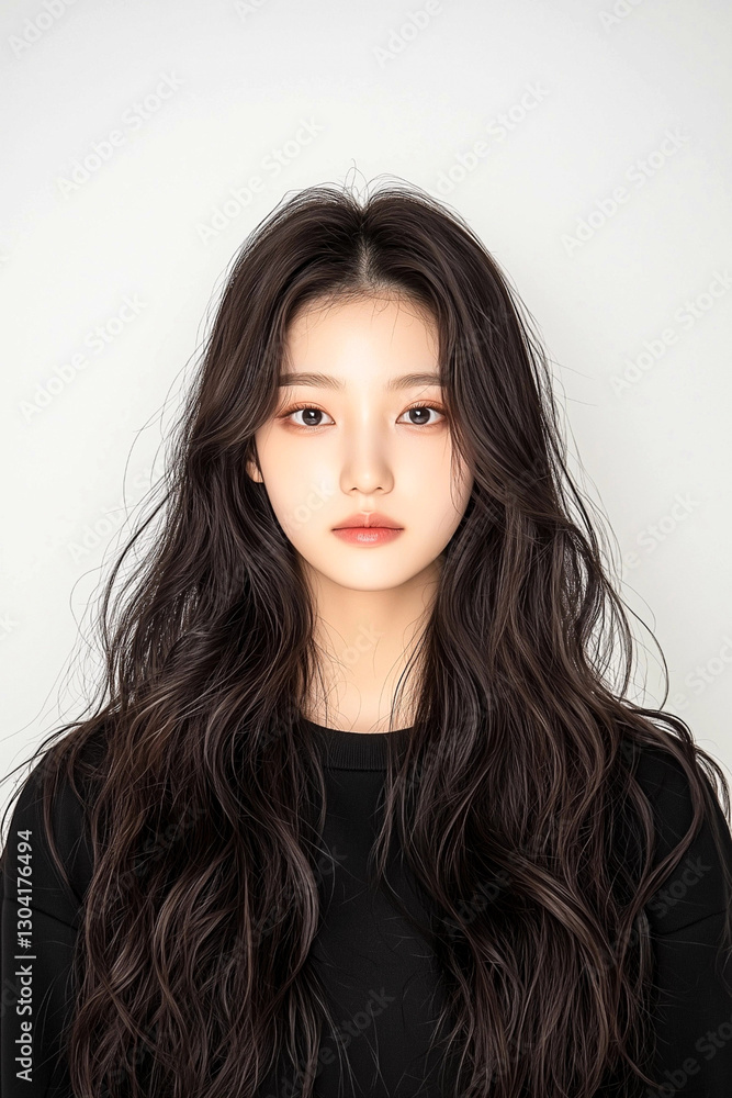 Elegant Young Woman with Voluminous Wavy Hair and a Confident Expression Elegant Young Woman with Voluminous Wavy Hair and a Confident Expression
